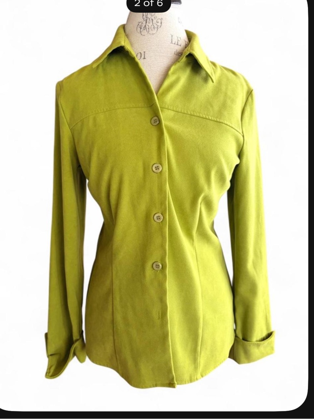 Y2K Green Fitted Button Up Top Vintage Notations 90s Minimalist Fall Size S - Picture 2 of 7